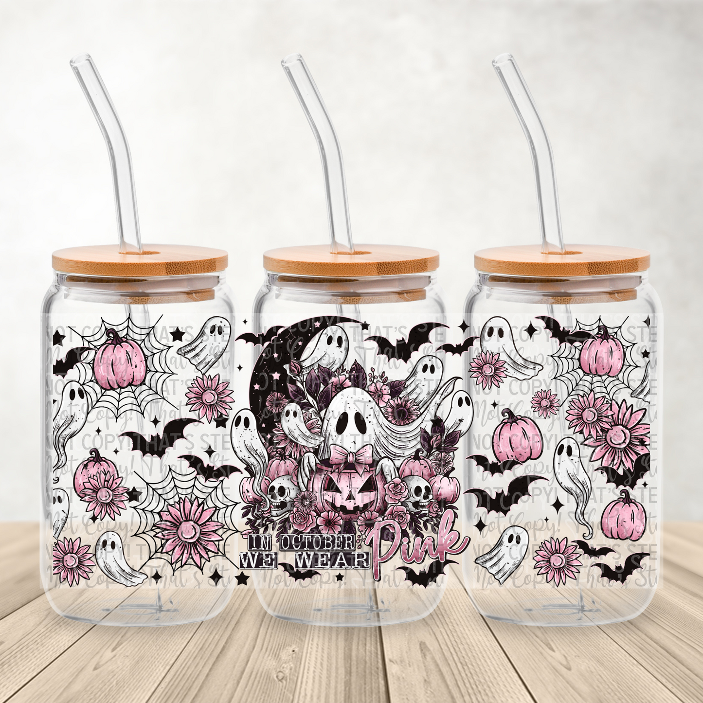 Spooky Ghouls in October we wear pink - 16oz UV DTF Transfer Film Wrap and Matching Lid A094