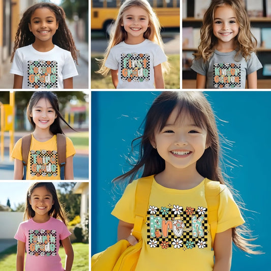 Back to school - Retro Checkered Sunflowers Grade Level DTF Transfer – Pre-K to 4th Grade DTF Transfer Film CF075