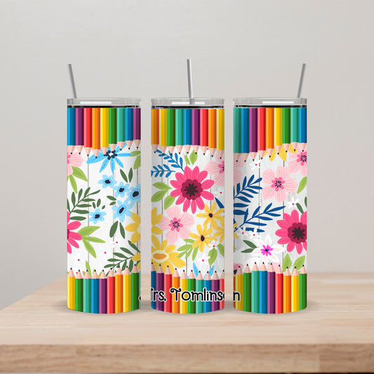 Floral Pencil Tumbler with Name 20oz Straight Insulated Tumbler