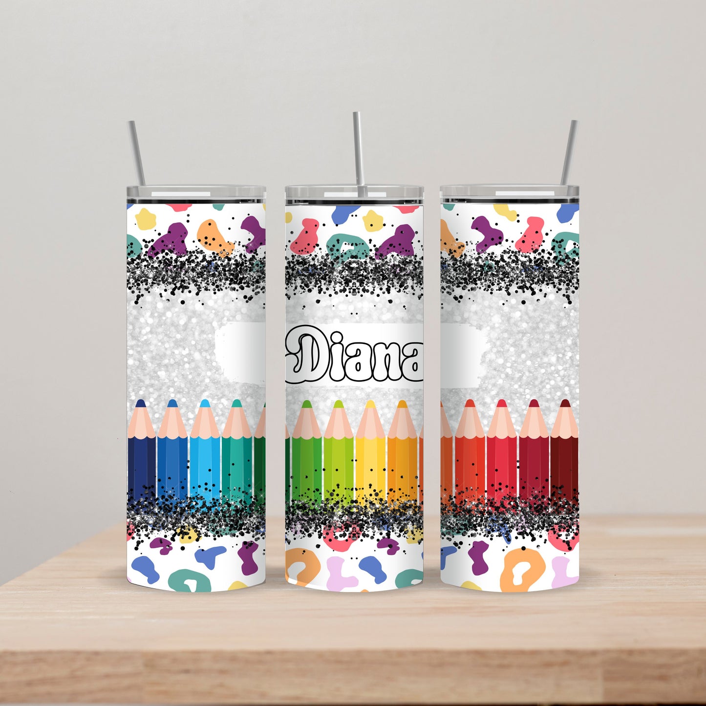 Rainbow leopard Glitter Tumbler with Name 20oz Straight Insulated Tumbler