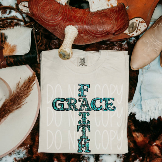 Faux Embroidery Western Turquoise Faith Grace Cross DTF Transfer Film