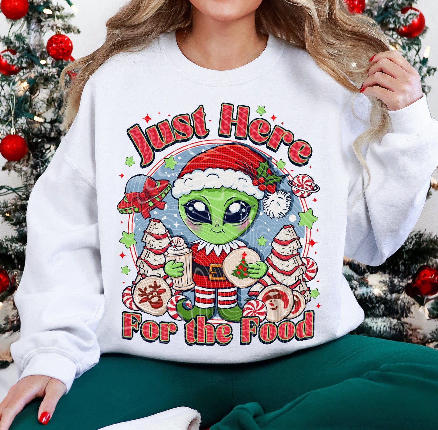 Christmas Green Alien just here for the food DTF Transfer Film G114