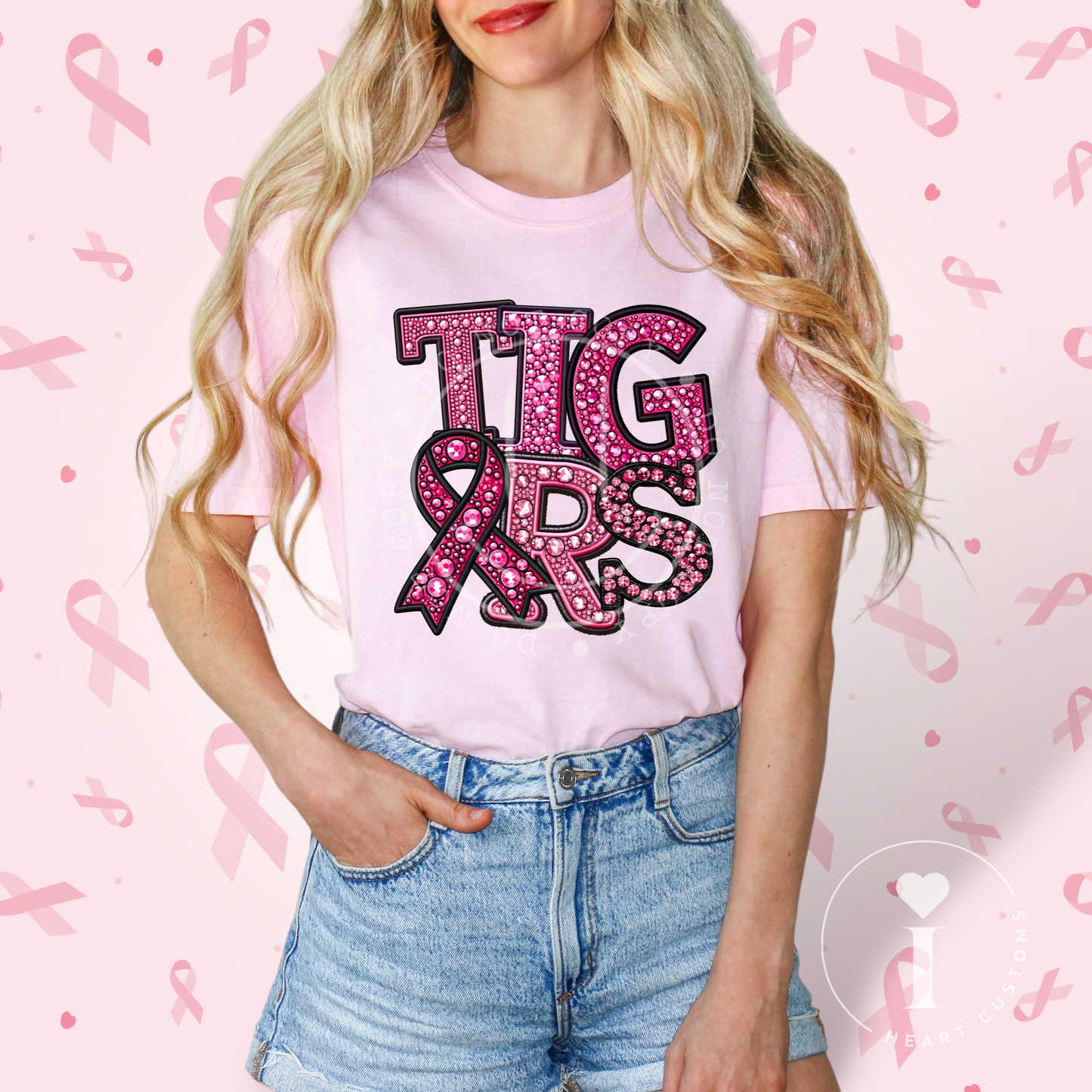 Tigers Breast Cancer Sports Mascot Faux Embroidered Faux Rhinestone DTF Transfer Film TE094