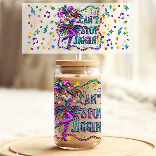 Can't stop Jiggin Mardi Grads Girl - 16oz Glass UV DTF Transfer Film