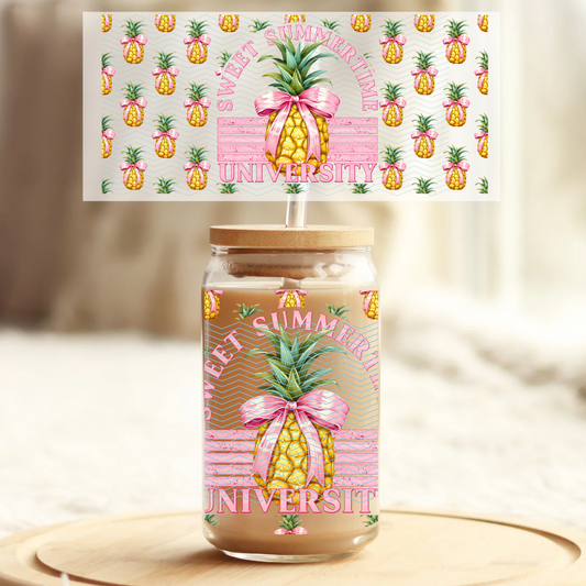 Sweet Summertime University Pineapple - 16oz Glass UV DTF Transfer Film