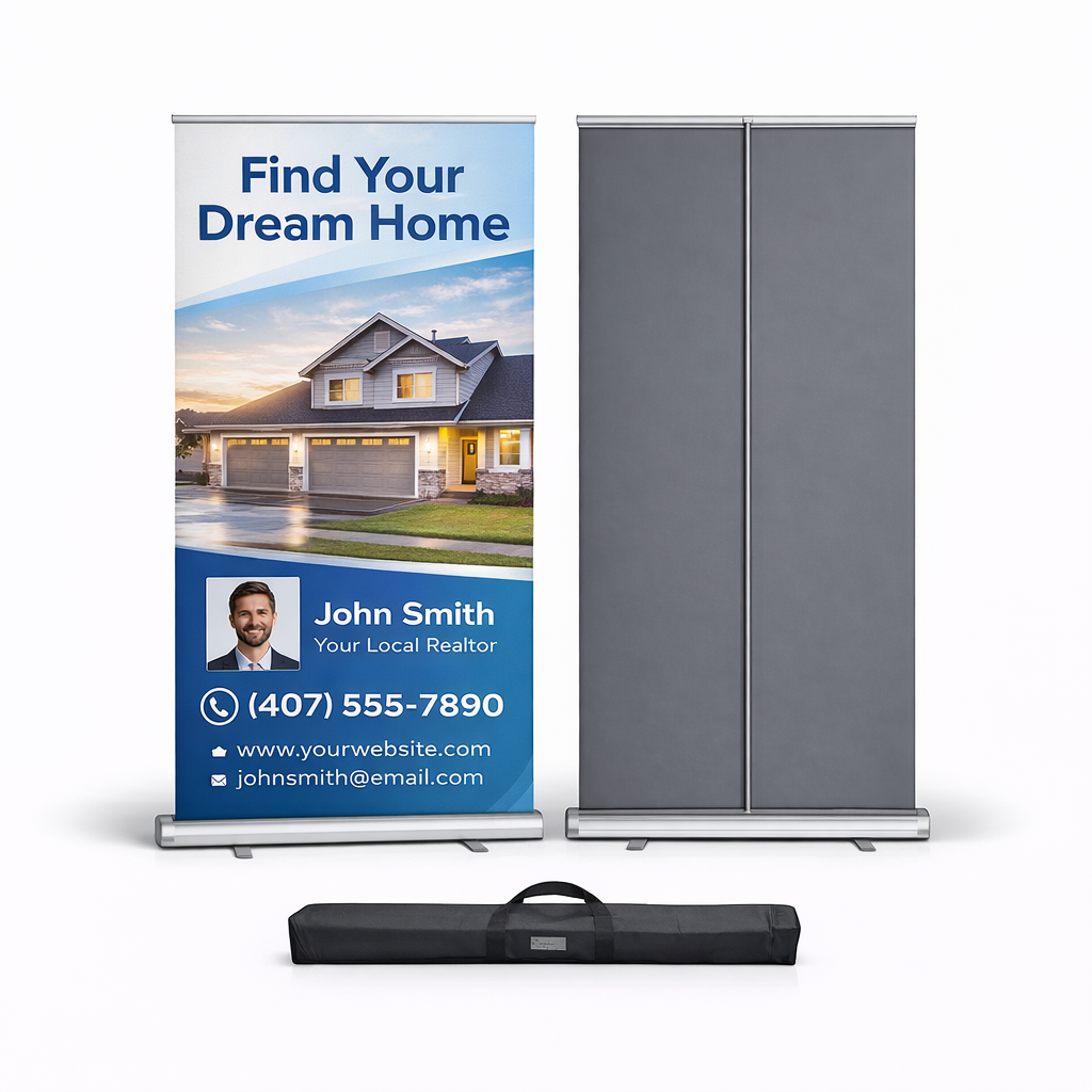 Standard 33 inch retractable banner stand for trade show and business events printed by iHeartCustoms Orlando