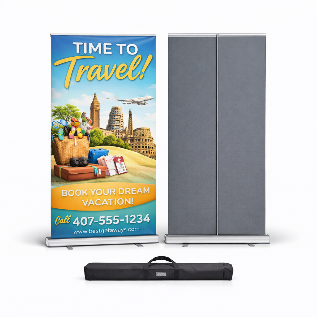 Extra wide 48 inch retractable banner stand for trade show and convention booth display printed by iHeartCustoms Orlando