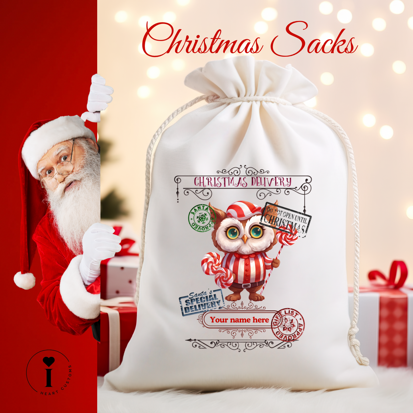 Personalized Santa Christmas Sack DTF Transfer – Custom Holiday Gift Bag Design - Peppermint Owl