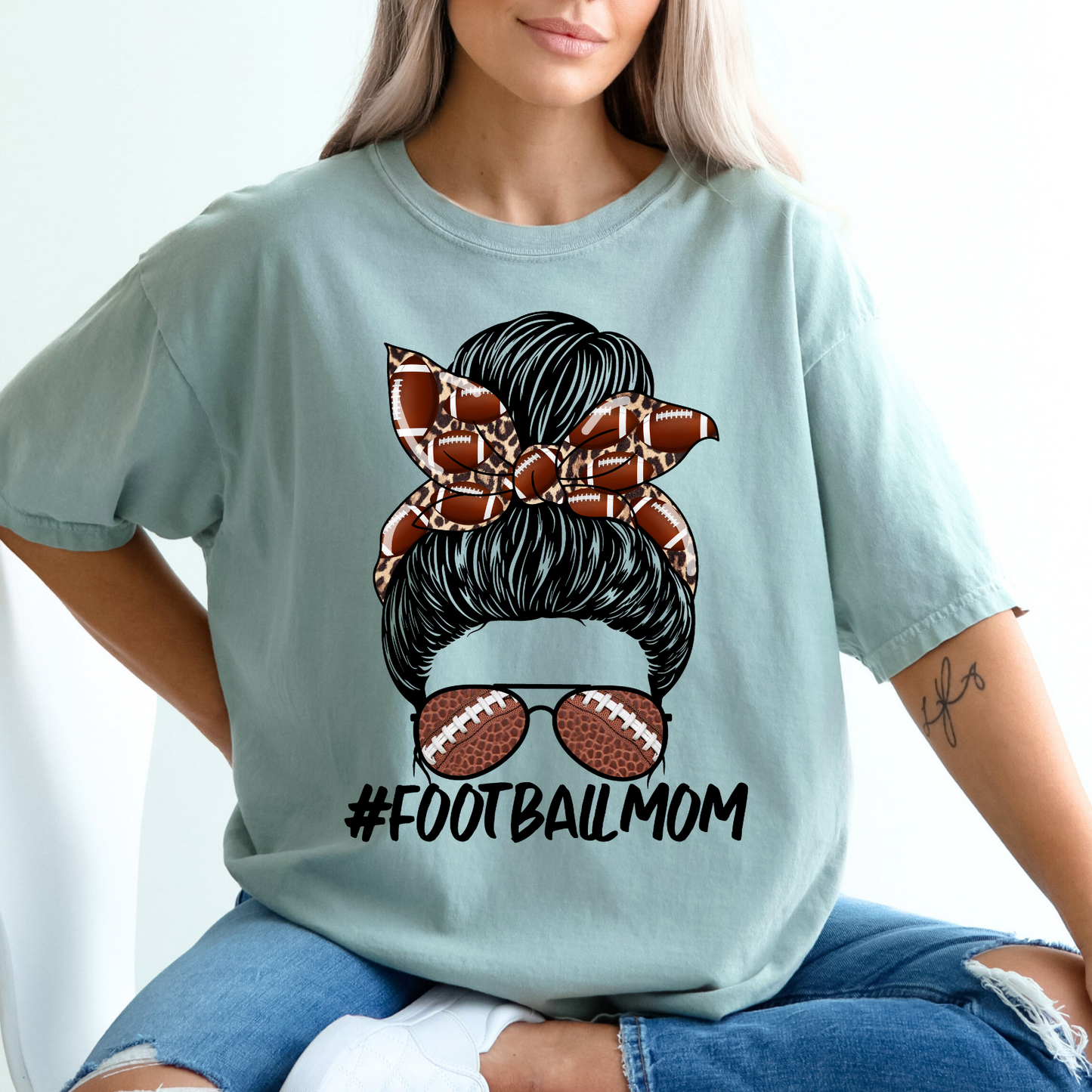 Football Mom messy bun DTF Transfer Film