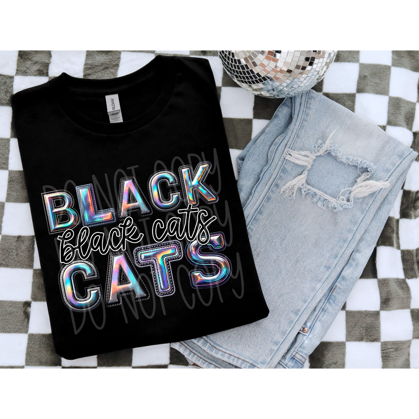 Faux Hologram Faux Embroidery Black Cats DTF Transfer Film