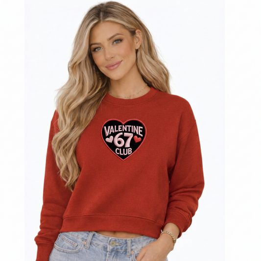 Valentine Club 67 Cropped Sweatshirt – Faux Embroidery Valentine Design