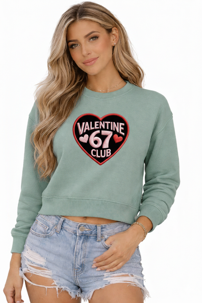 Valentine Club 67 Cropped Sweatshirt – Faux Embroidery Valentine Design