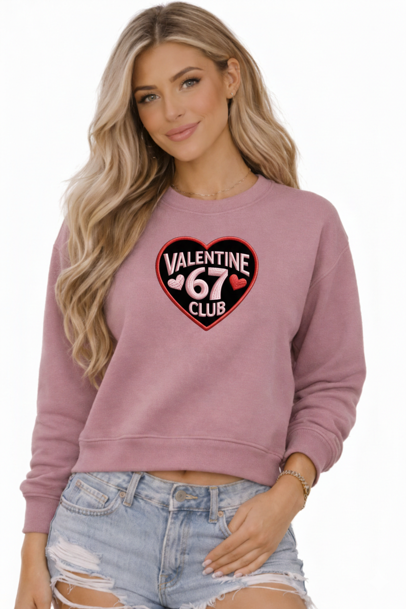 Valentine Club 67 Cropped Sweatshirt – Faux Embroidery Valentine Design