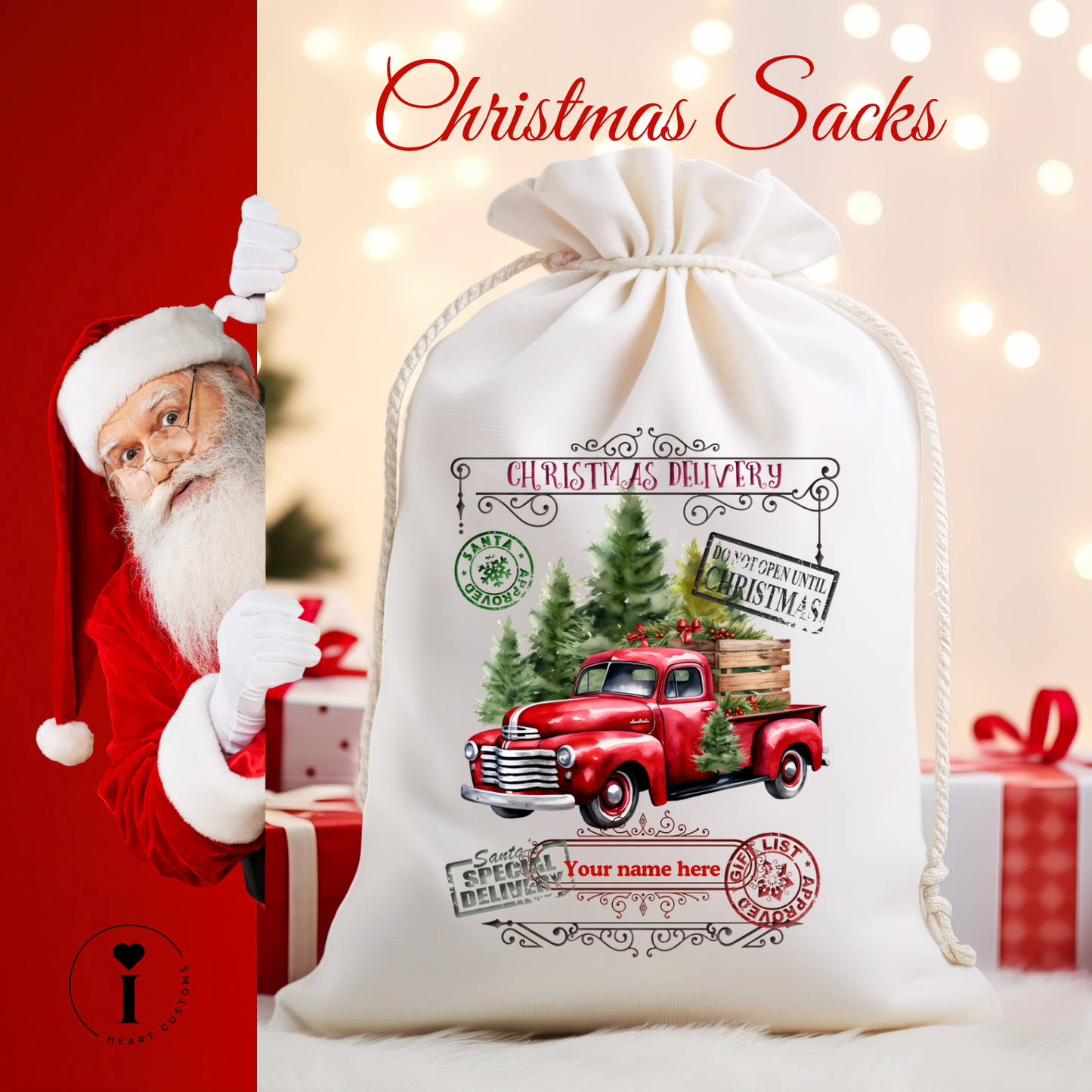 Personalized Santa Christmas Sack DTF Transfer – Custom Holiday Gift Bag Design - Christmas Red Truck