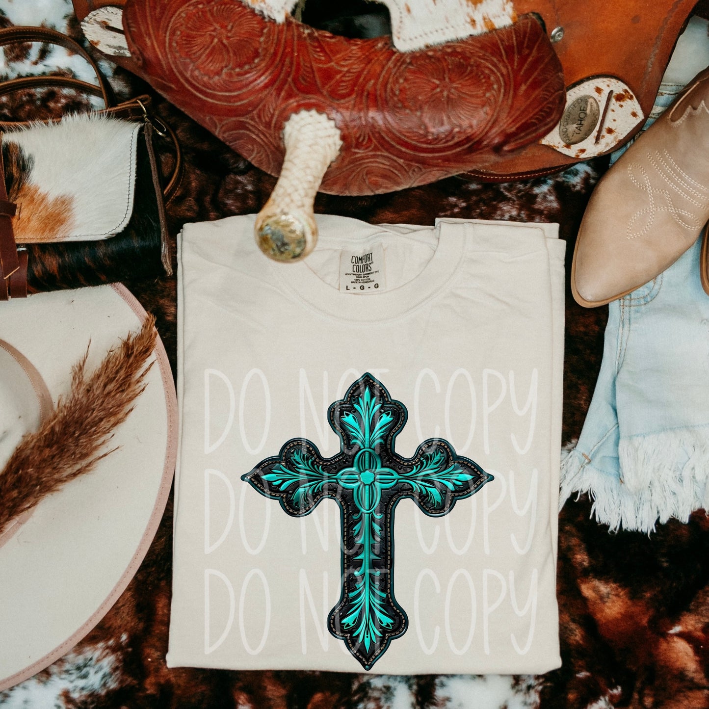 Faux Embroidery Western Turquoise Cross DTF Transfer Film