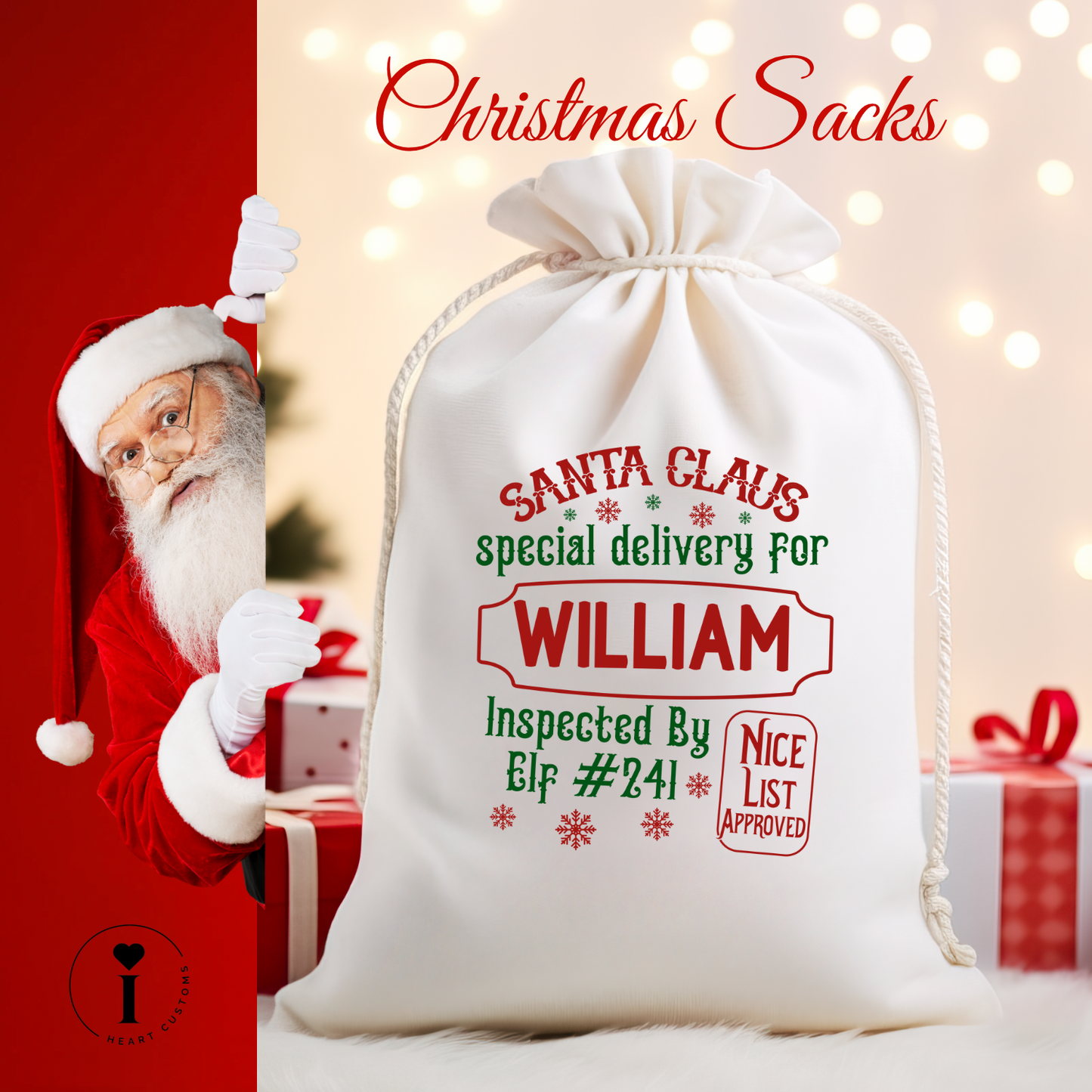 Personalized Santa Christmas Sack DTF Transfer – Custom Holiday Gift Bag Design - Design 1