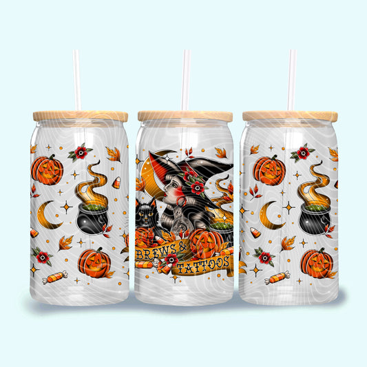 Halloween Brews & Tattoos Witch- 16oz UV DTF Transfer Film G084