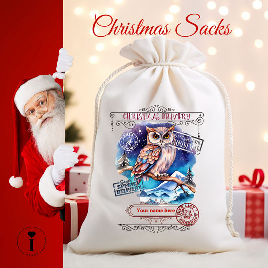 Personalized Santa Christmas Sack DTF Transfer – Custom Holiday Gift Bag Design - Night Owl