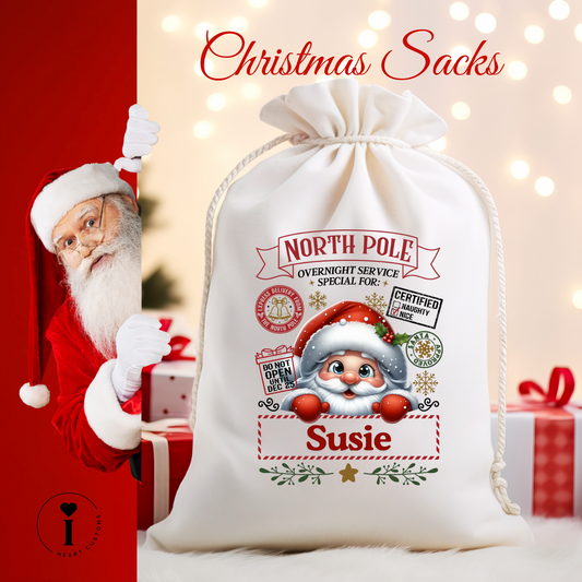 Personalized Santa Christmas Sack DTF Transfer – Custom Holiday Gift Bag Design - Xmas Santa