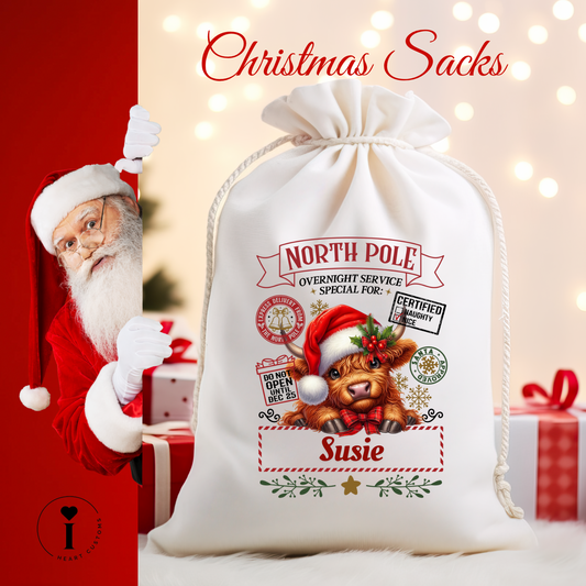 Personalized Santa Christmas Sack DTF Transfer – Custom Holiday Gift Bag Design - Xmas Cow