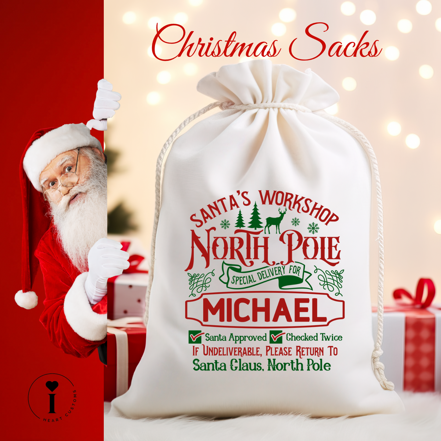 Personalized Santa Christmas Sack DTF Transfer – Custom Holiday Gift Bag Design - Design 11