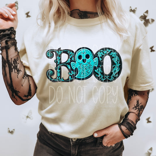 Faux Embroidery Western Turquoise Boo DTF Transfer Film