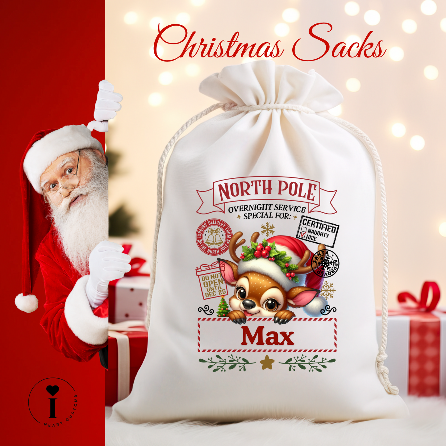 Personalized Santa Christmas Sack DTF Transfer – Custom Holiday Gift Bag Design - Xmas Reindeer