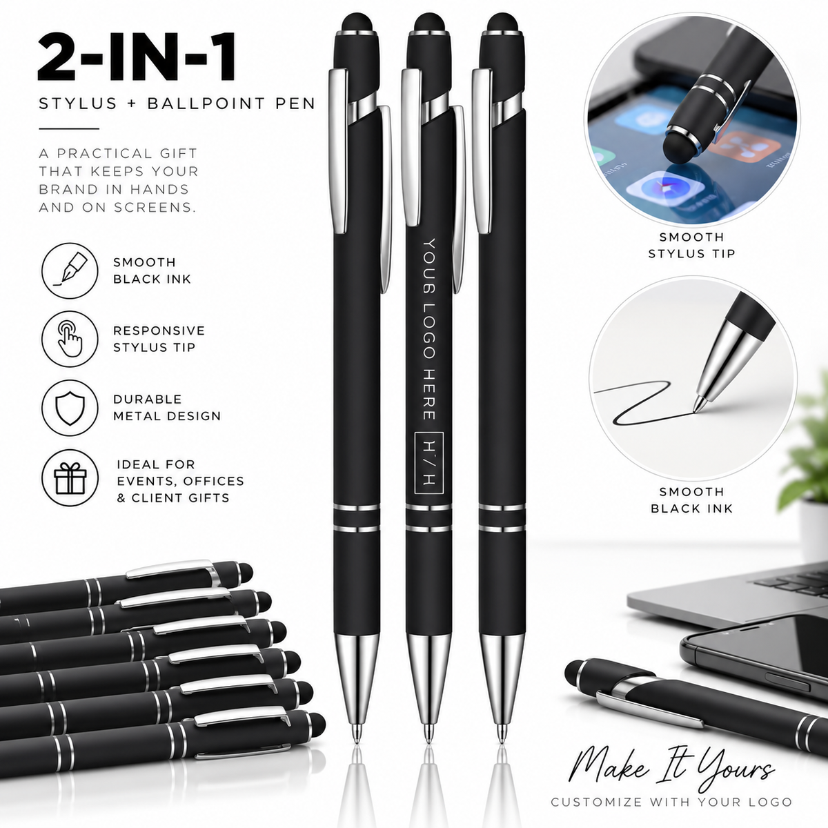A promotional product collage for a 2-in-1 stylus and ballpoint pen set. Three black pens with silver metal accents are shown upright in the center, with additional black pens lined up at the bottom left.