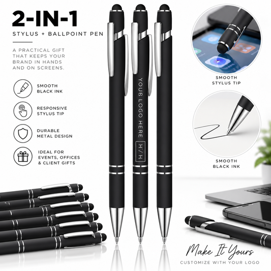 A promotional product collage for a 2-in-1 stylus and ballpoint pen set. Three black pens with silver metal accents are shown upright in the center, with additional black pens lined up at the bottom left.