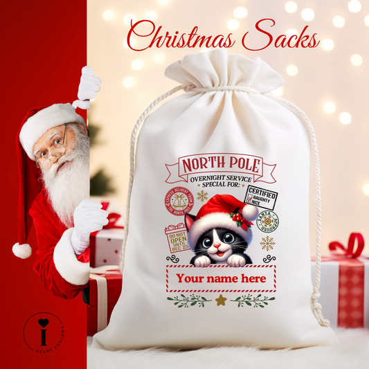 Personalized Santa Christmas Sack DTF Transfer – Custom Holiday Gift Bag Design - Xmas Kitten