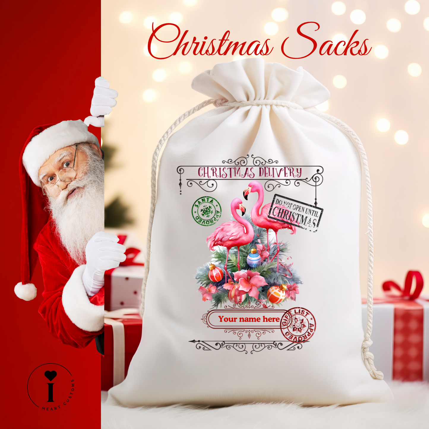 Personalized Santa Christmas Sack DTF Transfer – Custom Holiday Gift Bag Design - Flamingos