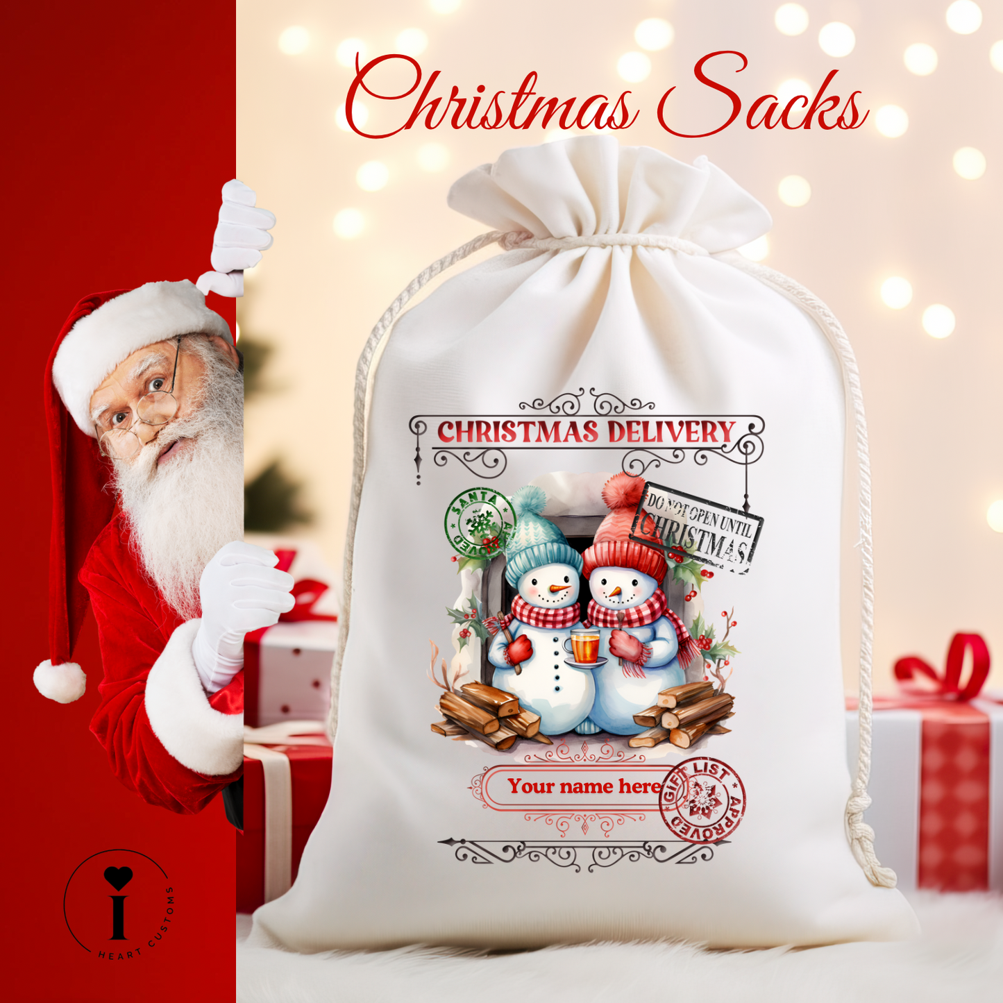 Personalized Santa Christmas Sack DTF Transfer – Custom Holiday Gift Bag Design - Snowman