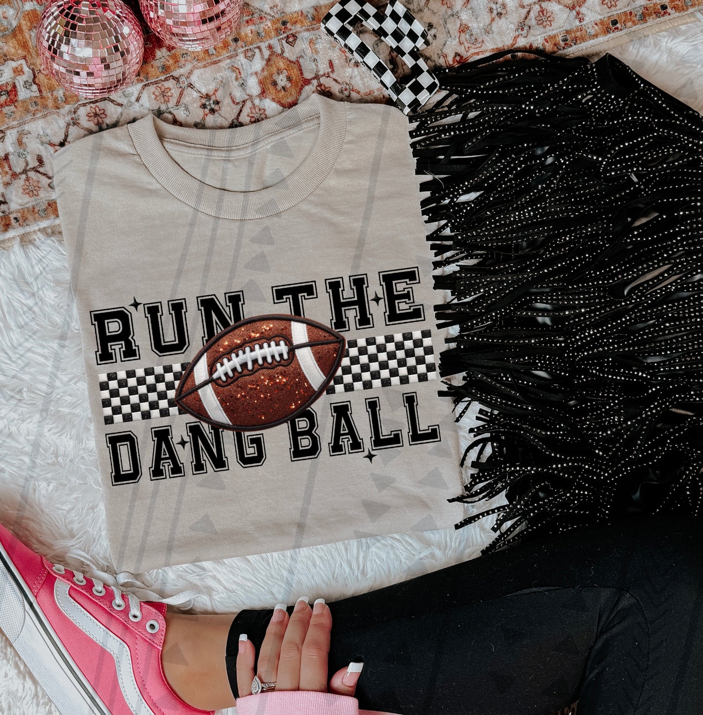 Run the Dang ball Football Faux Embroidered Faux Sequin DTF Transfer Film TG094