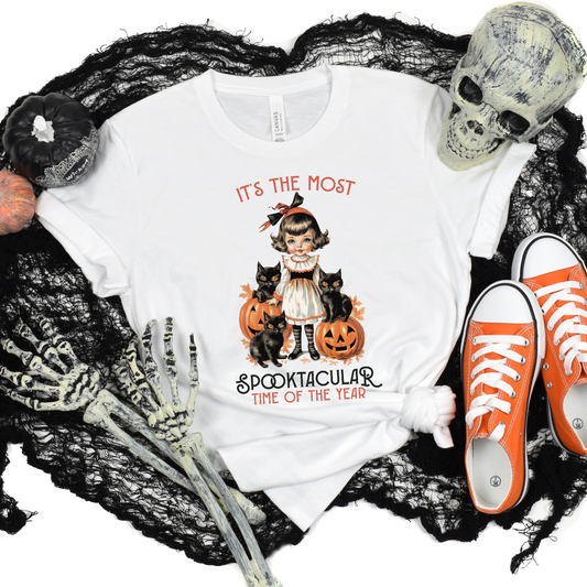 Halloween It's the Most Spooktacular time of the year Vintage Girl and cats DTF Transfer Film 9060