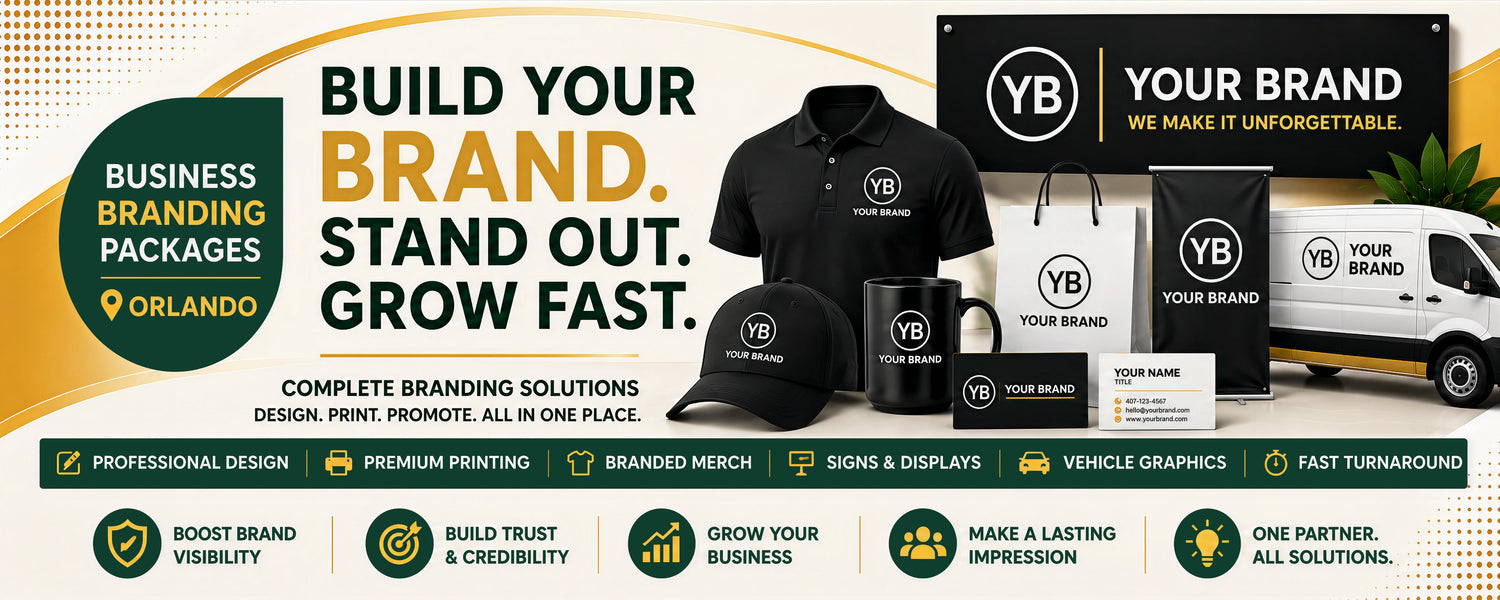 Promotional banner for business branding packages with branded merchandise and vehicle graphics.