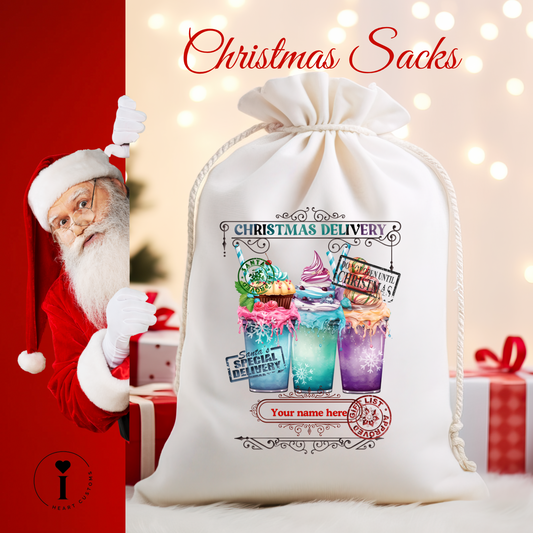 Personalized Santa Christmas Sack DTF Transfer – Custom Holiday Gift Bag Design - Holiday Drinks