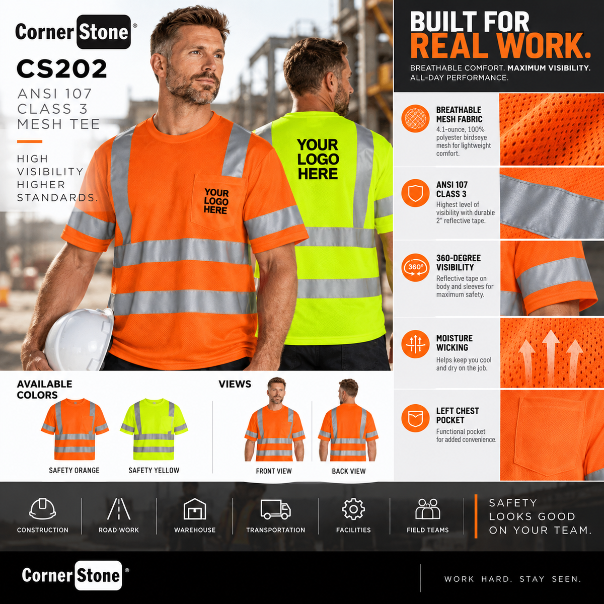 Custom ANSI Class 3 Long Sleeve Safety Shirt | CornerStone CS203