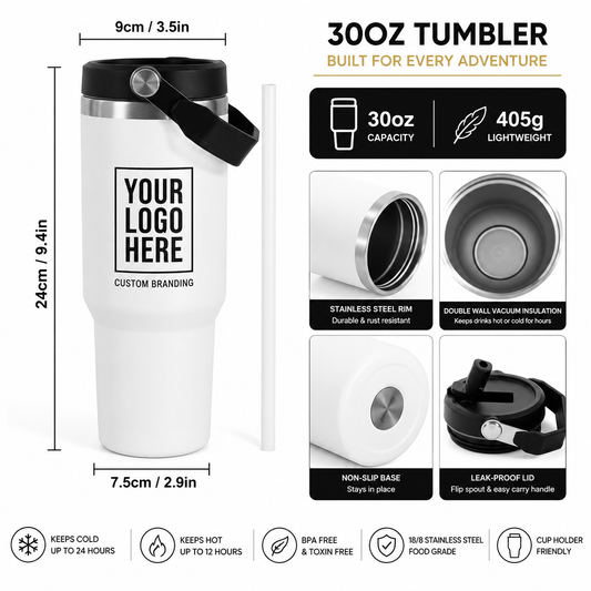White 30oz stainless steel tumbler with black lid and carry loop, shown with dimension labels and feature callouts on a light gray background. The front has a customizable logo placeholder box reading 'YOUR LOGO HERE'.