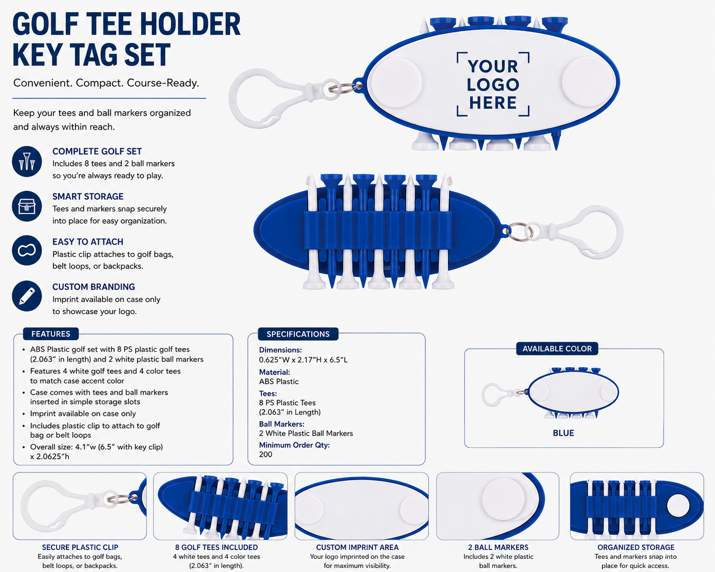 A product information sheet for a golf tee holder key tag set. The sheet shows a blue plastic set of golf tees and ball markers, a matching clip, and a sample key tag, with text detailing features, dimensions, specifications, and available colors on a white background.