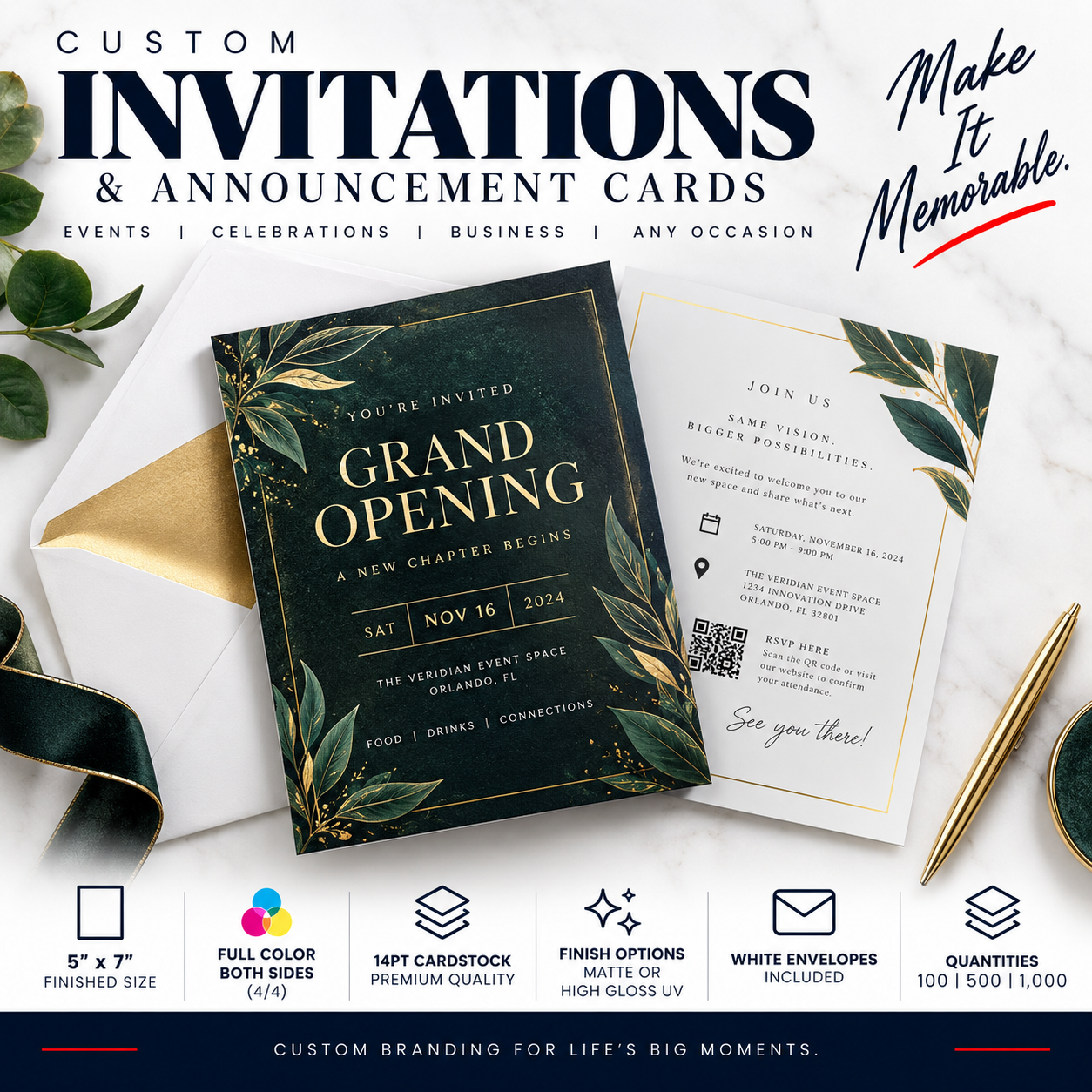Custom invitation and announcement card design mockup on a marble surface with a gold envelope, green leaves, and a gold pen. The main product shown is a dark green invitation card with gold botanical borders and gold text, alongside a white invitation card with gold text.