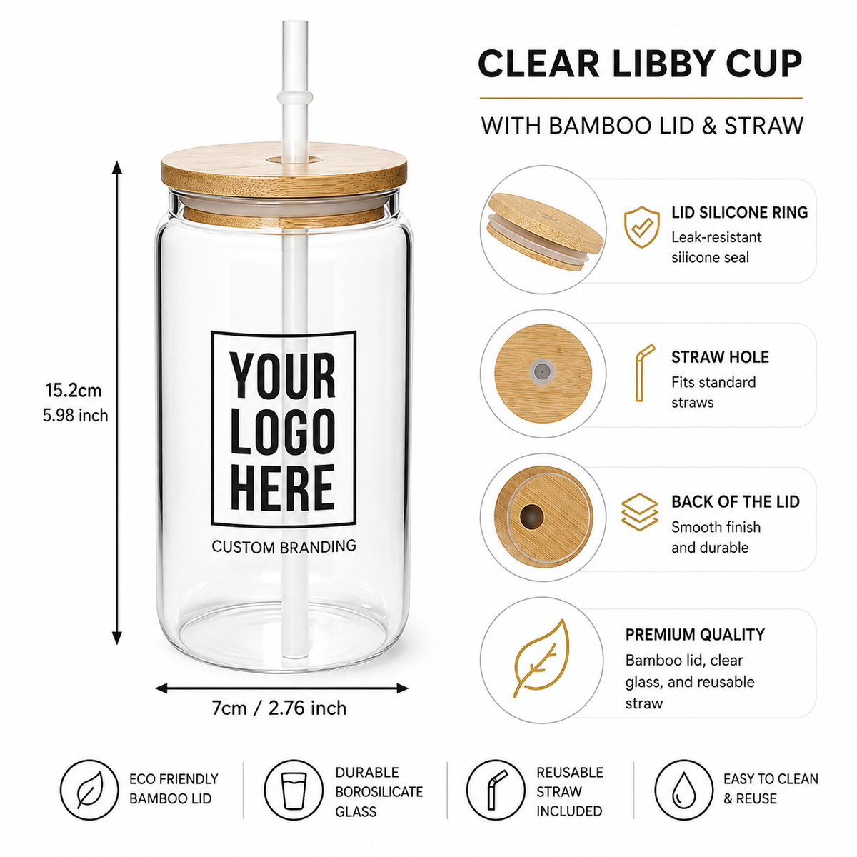 Custom 16 oz Can Glass with Bamboo Lid & Straw | Promotional Drinkware