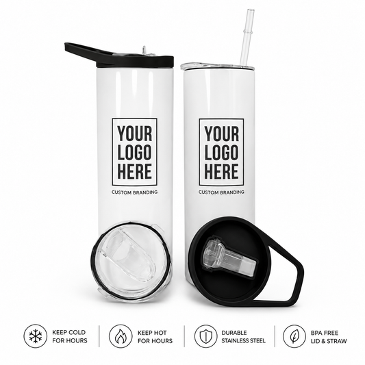 Two white stainless steel travel tumblers with black lids and clear straws, shown on a white background with feature icons below. The tumblers have placeholder branding text reading 'YOUR LOGO HERE'.