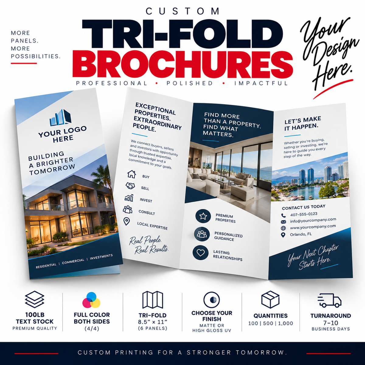 Custom tri-fold brochure template design mockup with three sample brochure panels, large promotional text, and feature icons along the bottom on a white background.