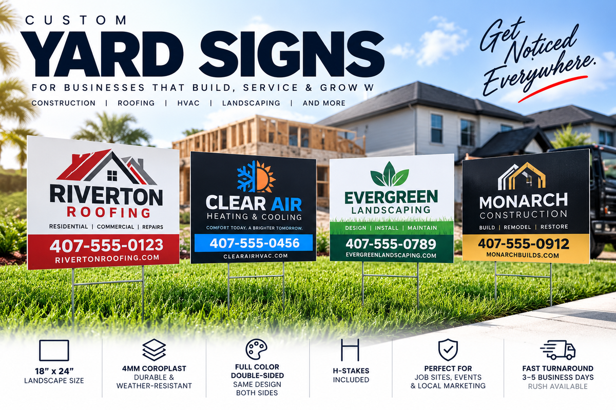 Custom yard signs displayed in a grassy outdoor mockup with a building in the background. The signs feature different business logos such as Riverton Roofing, Clear Air Heating & Cooling, Evergreen Landscaping, and Monarch Construction, each with its own color scheme and contact information.