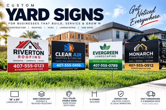 Custom yard signs displayed in a grassy outdoor mockup with a building in the background. The signs feature different business logos such as Riverton Roofing, Clear Air Heating & Cooling, Evergreen Landscaping, and Monarch Construction, each with its own color scheme and contact information.