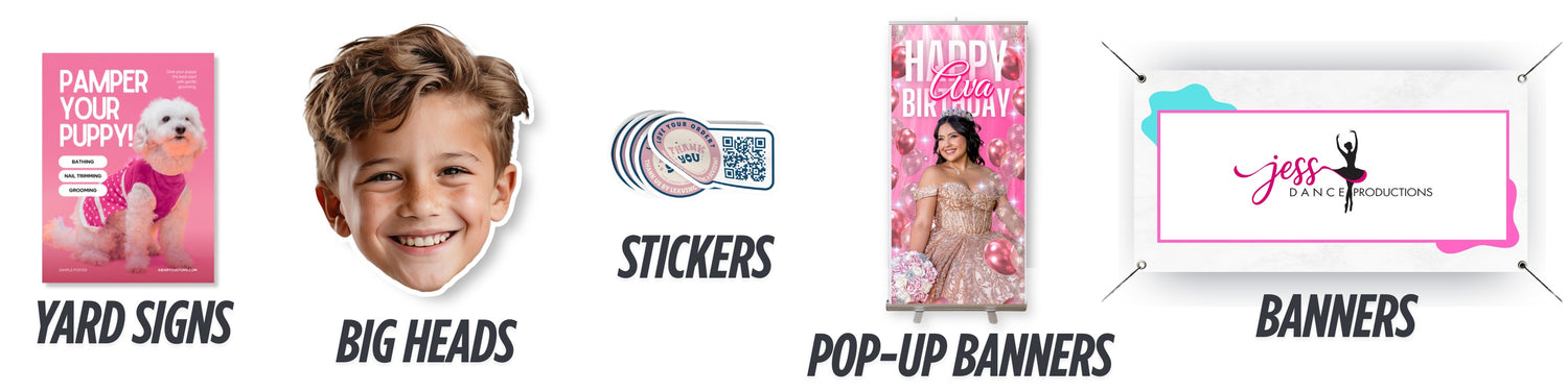 Custom yard signs, big heads, stickers, pop-up banners, and vinyl banners printed in Orlando, Florida by iHeartCustoms