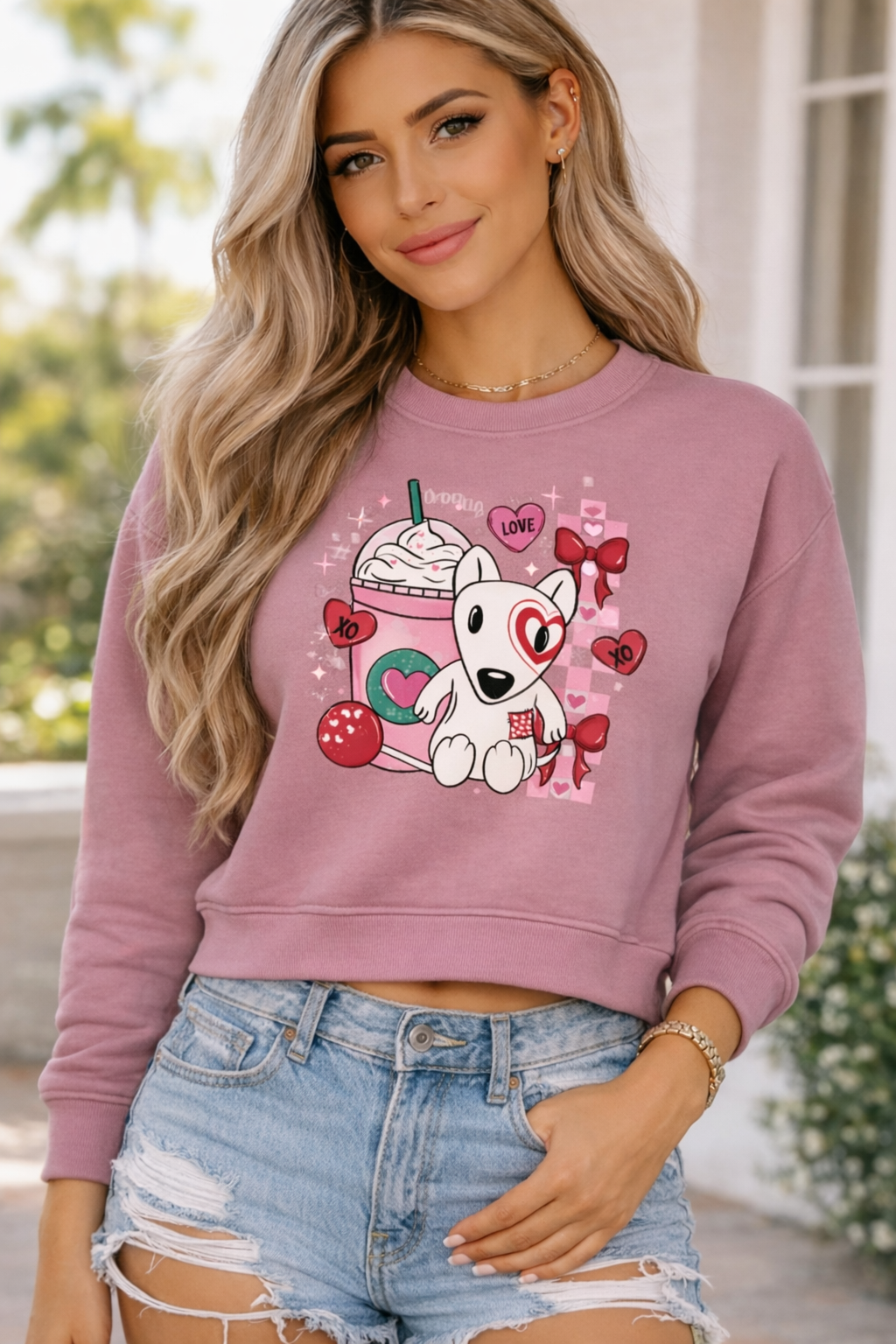 Women’s Cropped Crewneck Sweatshirt – Bella+Canvas 7503 | Valentine Frappe Dog (TG124)