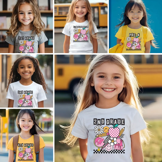Back to school -  Groovy Pink School Supplies Grade Level DTF Transfer – Pre-K to 4th Grade DTF Transfer Film CF075