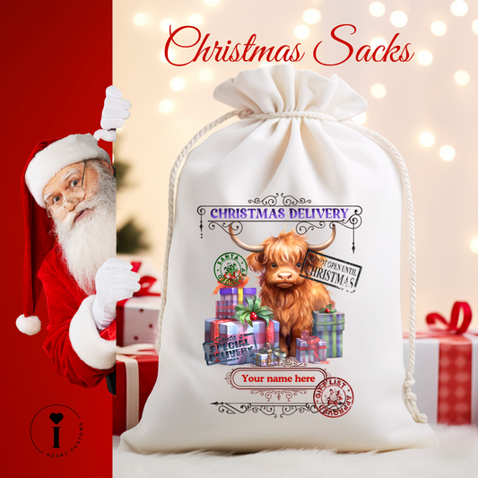 Personalized Santa Christmas Sack DTF Transfer – Custom Holiday Gift Bag Design - Xmas Heifer