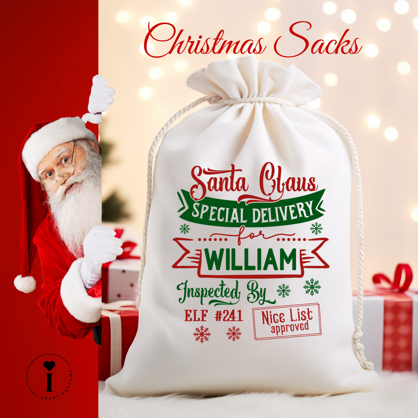 Personalized Santa Christmas Sack DTF Transfer – Custom Holiday Gift Bag Design - Design 20